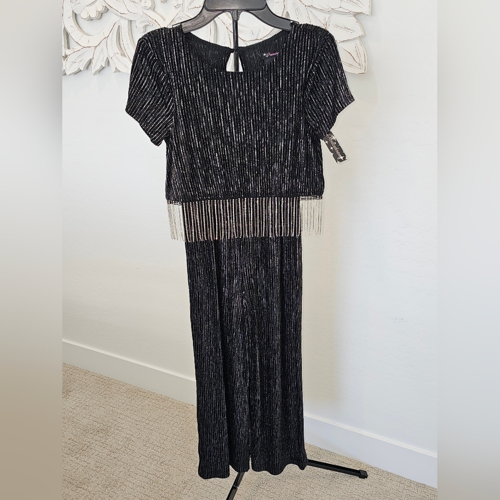 NWT Xhilaration Black Silver Glitter Jumpsuit w/Crystal Bead Fringe Girl Size 7